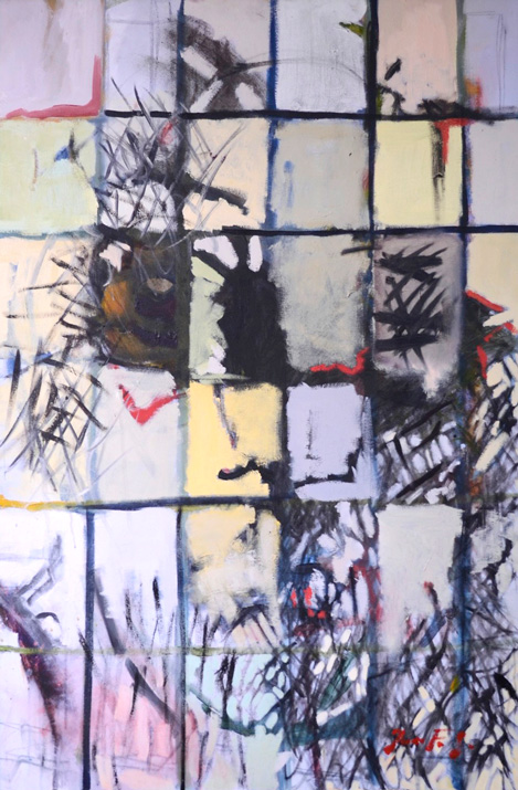 juan francisco Gonzalez, obra representativa, Óleo sobre lienzo, Detrás de los cristales, violeta, cuadricula, 