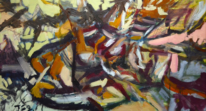 Pescados raros, obra de juan francisco gonzalez. oleo sobre lienzo, colore rojos, naranjas, amarillos